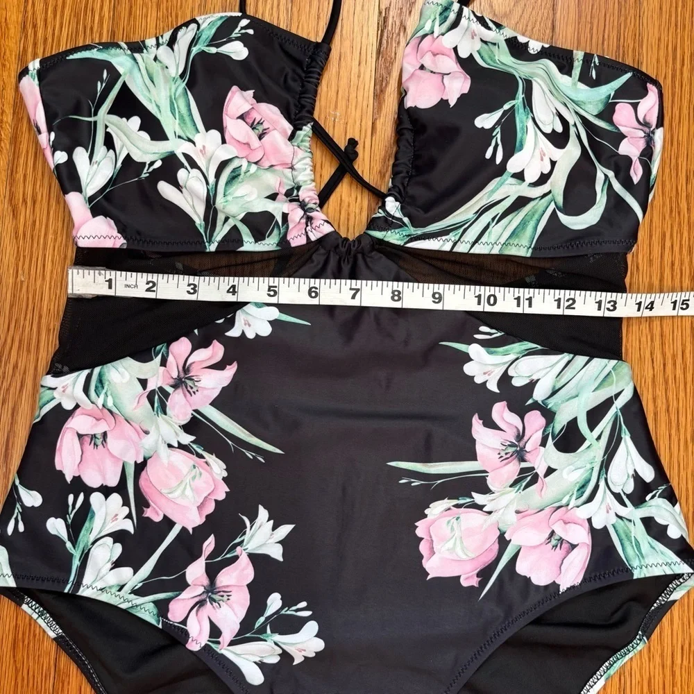 beachsissi Mesh waist adjustable strap pink blue floral black One Piece Swimwear